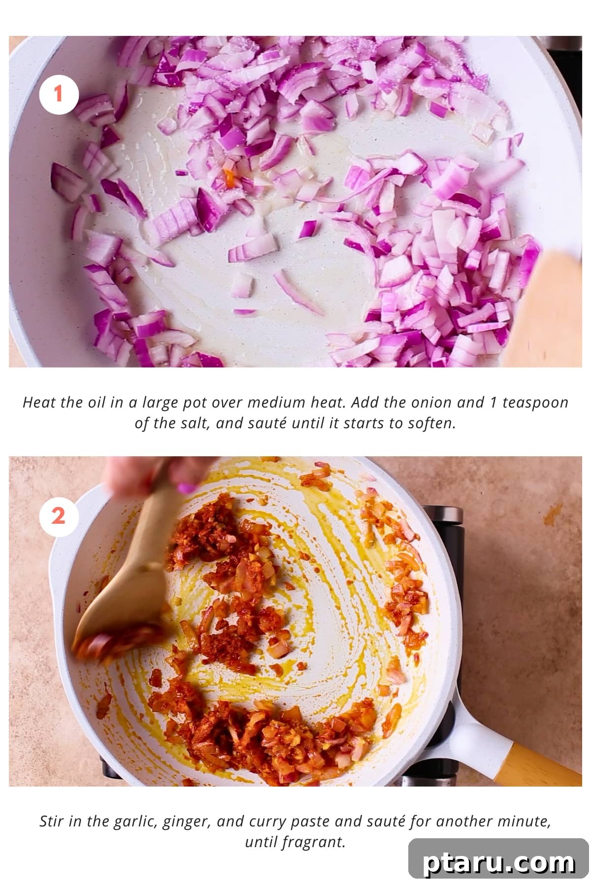 Effortless 20-Minute Red Curry 4 Step 1: Oil is heated in a pot, followed by sautéing chopped onion and salt until softened. Then, minced garlic, ginger, and Thai red curry paste are stirred in and cooked until fragrant.