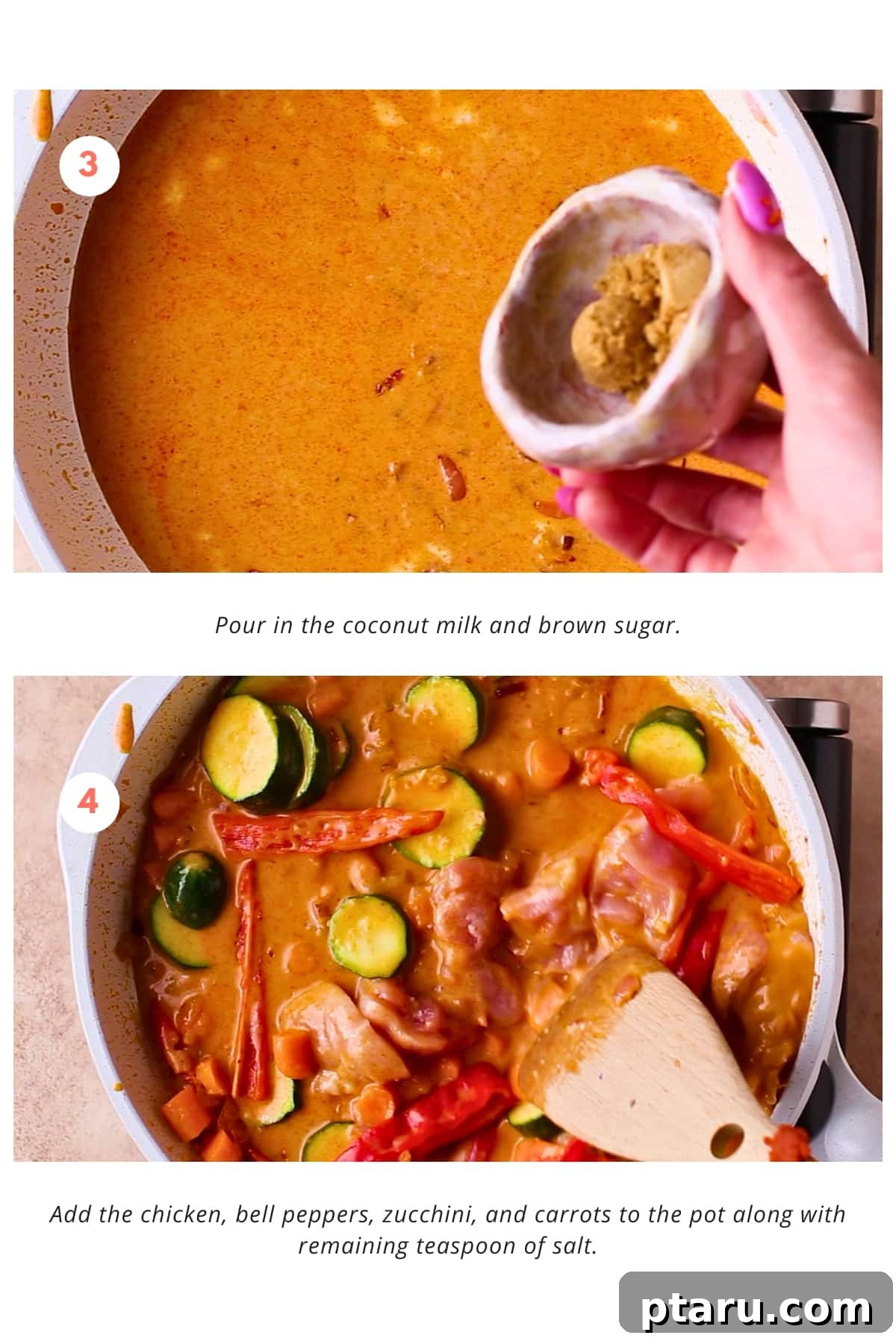 Effortless 20-Minute Red Curry 5 Step 2: Coconut milk and brown sugar are poured into the pot with the sautéed aromatics and curry paste, creating a creamy base. Then, the chicken and chopped vegetables (bell peppers, zucchini, carrots) are added to the simmering curry.