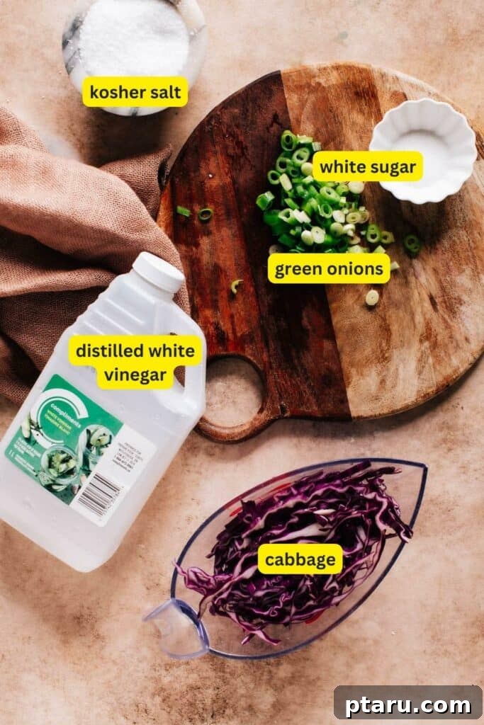 Zesty Fish Taco Slaw 3 The ingredients for cabbage slaw for fish tacos are laid out on a countertop. They include white sugar, distilled white vinegar, green onions, cabbage, and kosher salt.