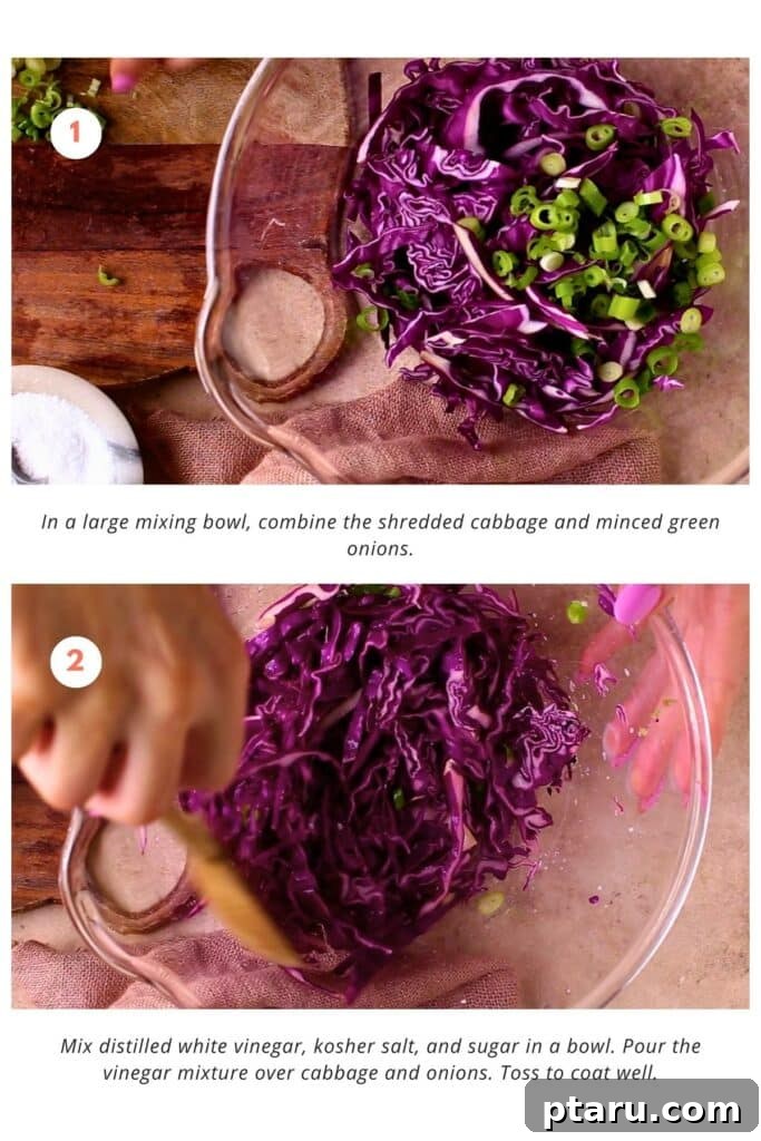 Zesty Fish Taco Slaw 4 The shredded cabbage and minced green onions are combined in a large mixing bowl. A mixture of distilled white vinegar, kosher salt, and sugar is prepared and poured over the cabbage and onions. Everything is tossed together to coat well and create a flavorful cabbage slaw for fish tacos.