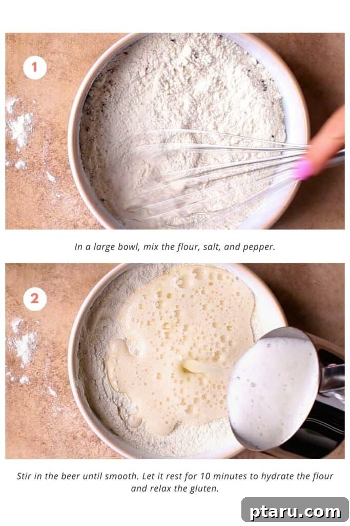 Authentic Baja Fish Tacos Recipe: Featuring Our Signature Sauce 4 In a large bowl, the flour, salt, and pepper are mixed. The beer is stirred in until smooth. It's left to rest for 10 minutes to hydrate the flour and relax the gluten.
