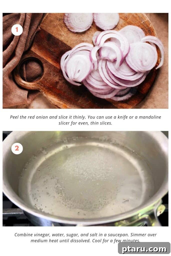 Instant Pickled Onions 4 Two images side by side: Thinly sliced red onions on a cutting board, and a small saucepan with pickling liquid simmering on a stove.
