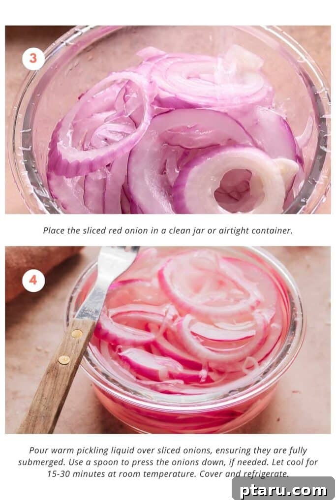 Instant Pickled Onions 5 Two images showing the final steps: Thinly sliced red onions in a jar, and warm pickling liquid being poured over them.