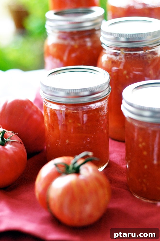 Capture Summer's Flavor: A Guide to Home Tomato Canning 7 A row of sealed canned tomato jars cooling on a countertop.