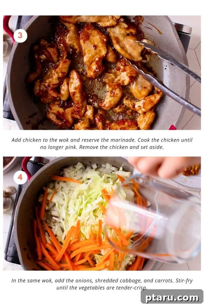 Wok-Tossed Chow Mein 5 Cooked chicken is removed from the wok, and then onions, shredded cabbage, and carrots are added to the same wok for stir-frying. The vegetables are being tossed to achieve a tender-crisp texture, a key step in preparing homemade chicken chow mein.