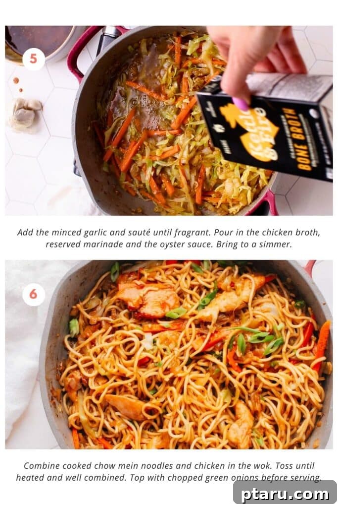 Wok-Tossed Chow Mein 6 The final steps of making chicken chow mein: minced garlic is sautéed, followed by adding chicken broth, reserved marinade, and oyster sauce to create the sauce. Cooked chow mein noodles and chicken are then returned to the wok and tossed with the sauce and vegetables. Finally, chopped green onions are sprinkled on top for garnish, ready to be served.