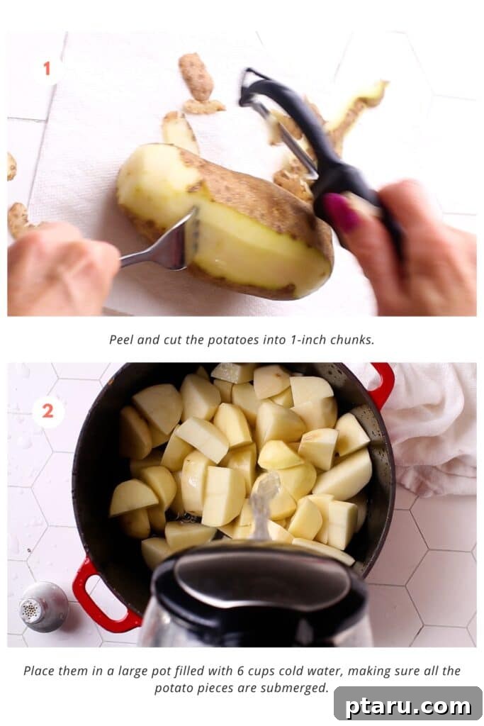 The Only Mashed Potatoes Recipe Youll Ever Need 4 Peeled Russet potatoes, cut into uniform 1-inch chunks and submerged in cold, salted water in a large pot, ready for boiling.