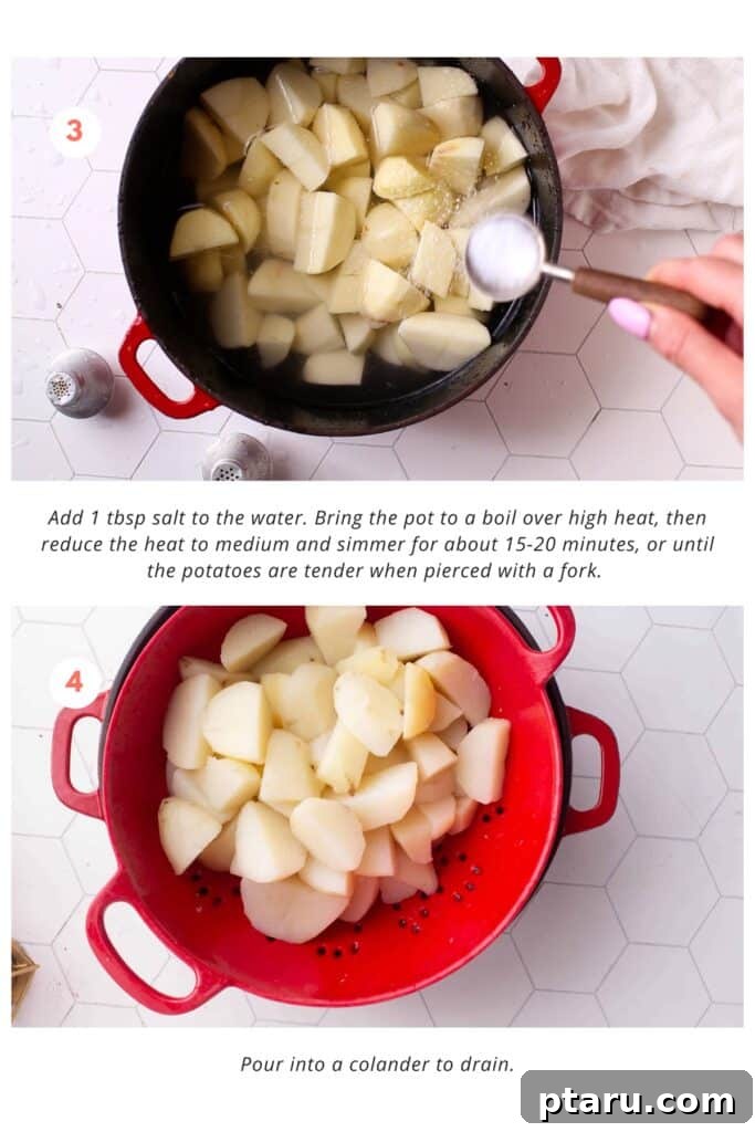 The Only Mashed Potatoes Recipe Youll Ever Need 5 Potatoes simmering in salted water until fork-tender, then being drained in a colander to remove excess moisture.