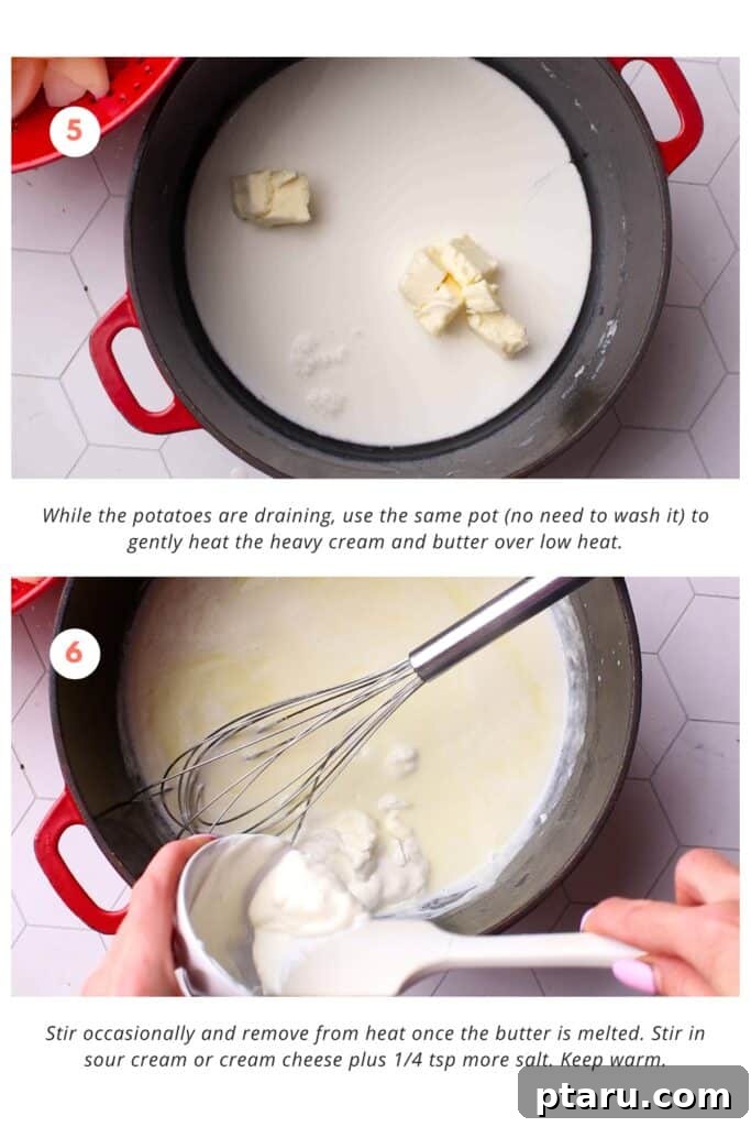 The Only Mashed Potatoes Recipe Youll Ever Need 6 Heavy cream, butter, sour cream, and additional salt gently warming in a saucepan, ready to be incorporated into the mashed potatoes.