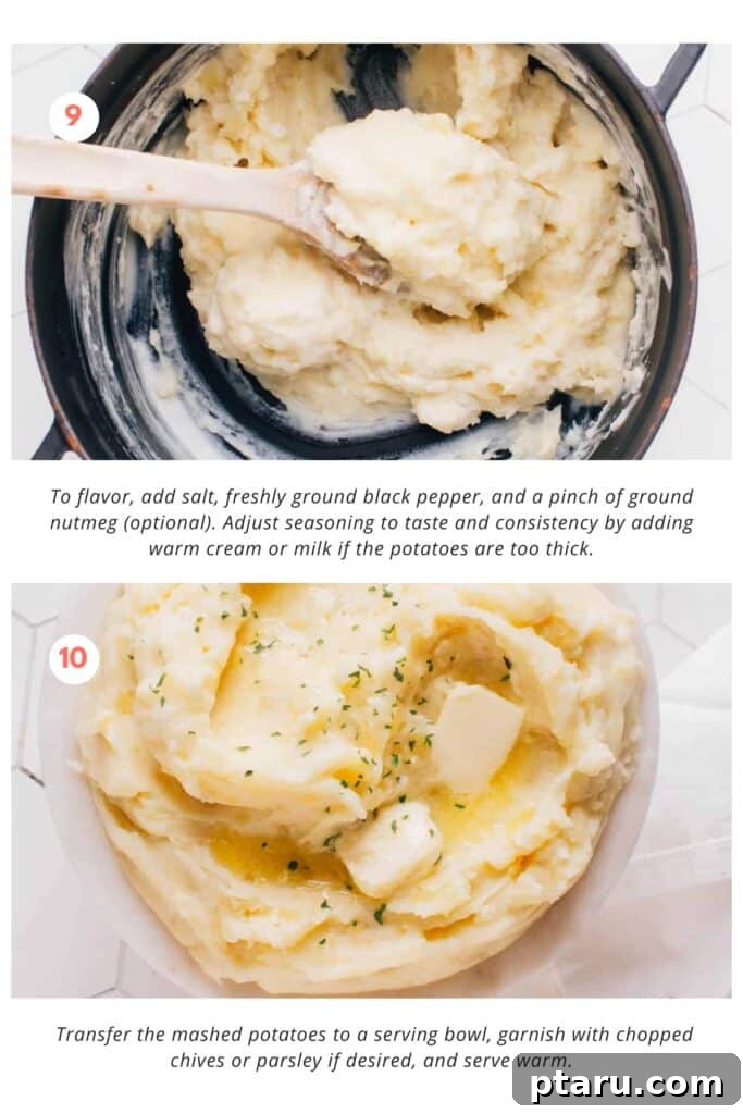 The Only Mashed Potatoes Recipe Youll Ever Need 8 The finished creamy mashed potatoes, seasoned with salt, pepper, and nutmeg, garnished with fresh chives in a serving bowl.