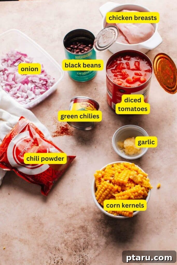 Velvety Cream Cheese Chicken Chili 3 Fresh ingredients laid out on a kitchen counter for Cream Cheese Chicken Chili, including raw chicken breasts, a yellow onion, garlic cloves, chili powder, black beans, corn, diced tomatoes, green chilies, and a block of cream cheese.