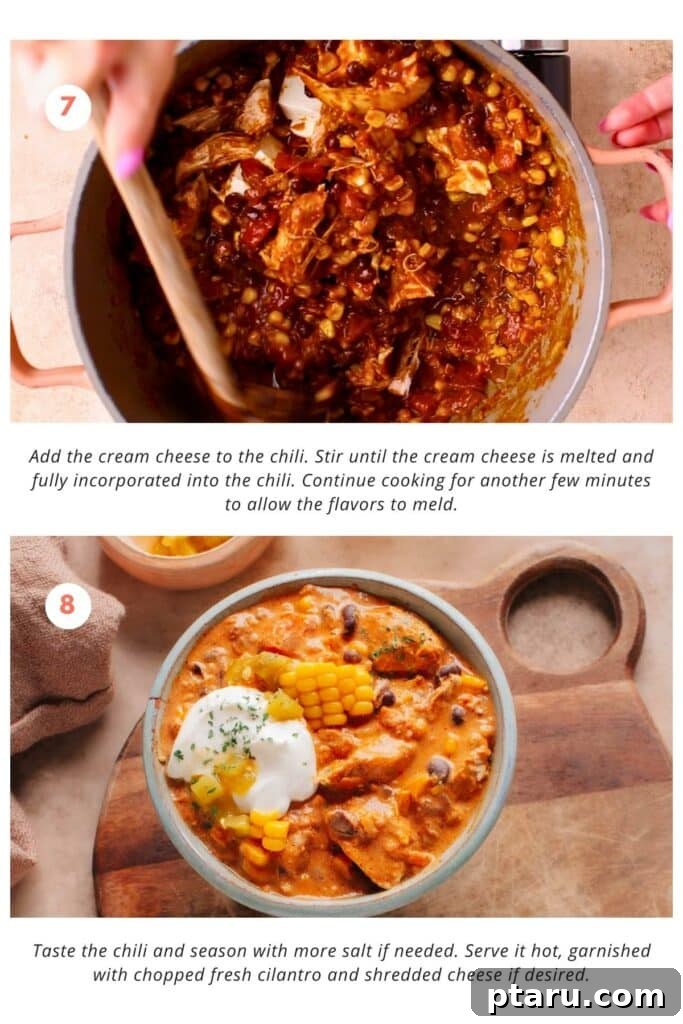 Velvety Cream Cheese Chicken Chili 7 Softened cream cheese melting into the hot chicken chili, creating a smooth, rich, and creamy texture throughout the dish.