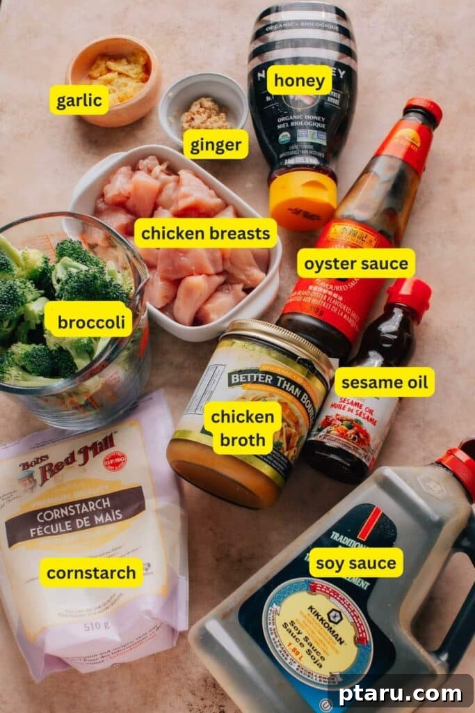 Garlic Herb Chicken and Broccoli Medley 3 Ingredients for chicken and broccoli stir fry including soy sauce, chicken breasts, broccoli, sesame oil, chicken broth, cornstarch, oyster sauce, honey, garlic, and ginger.
