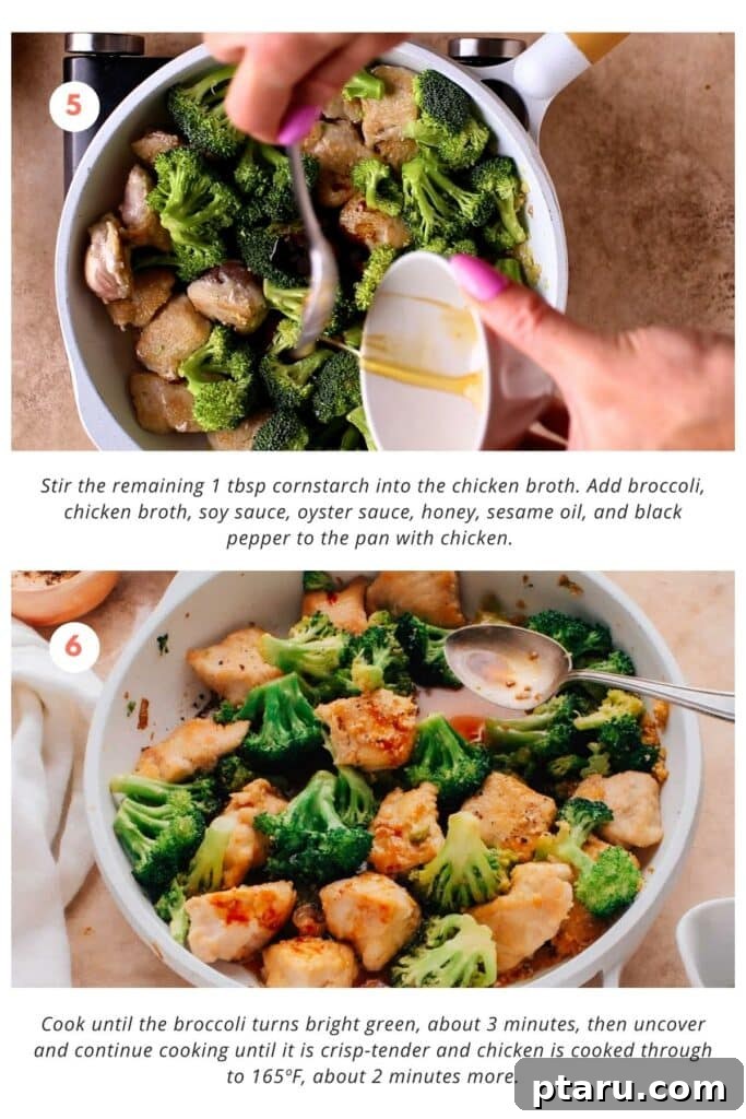 Garlic Herb Chicken and Broccoli Medley 6 The chicken and broccoli stir fry is cooked in a large skillet.
