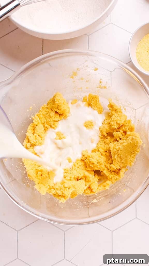 Golden Cornbread Bake 7 Mixing the cornbread batter.
