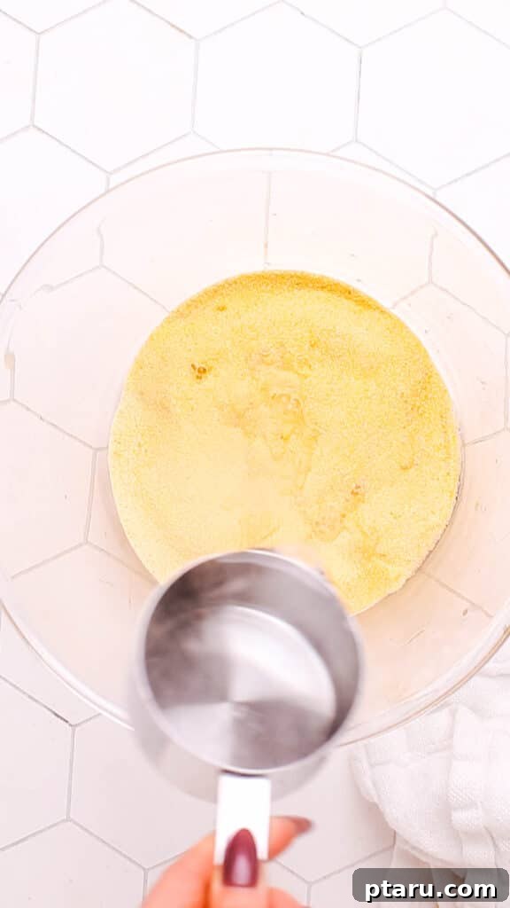 Golden Cornbread Bake 8 Soaking cornmeal for cornbread.