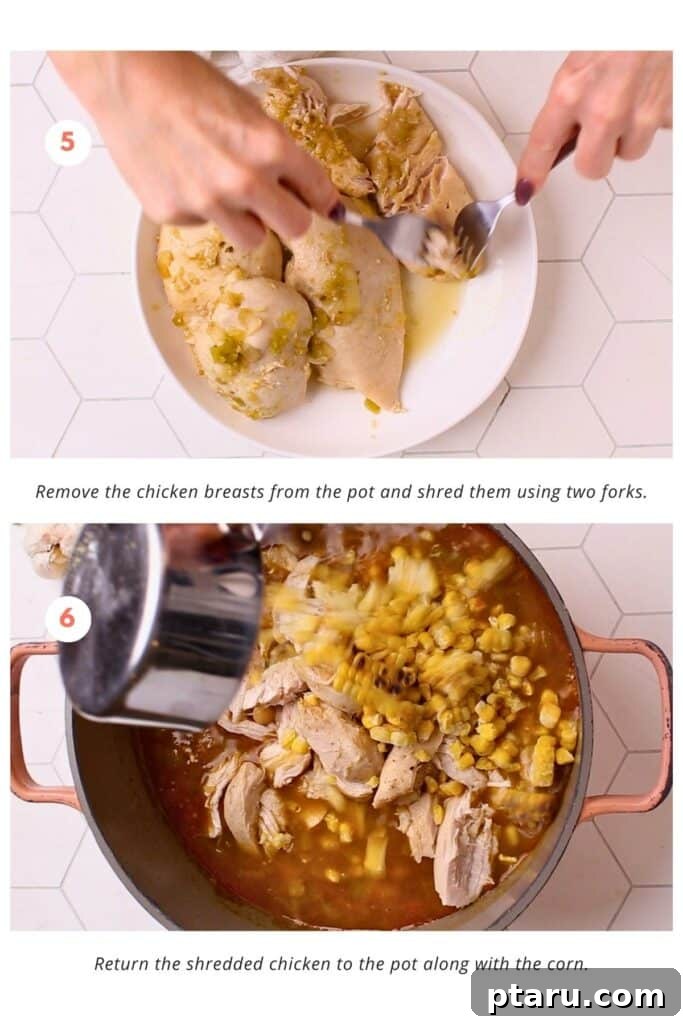 Guilt-Free White Chicken Chili 6 Shredded chicken and corn kernels added back into the pot of simmering white chicken chili, enhancing its texture and sweetness before the final thickening step.