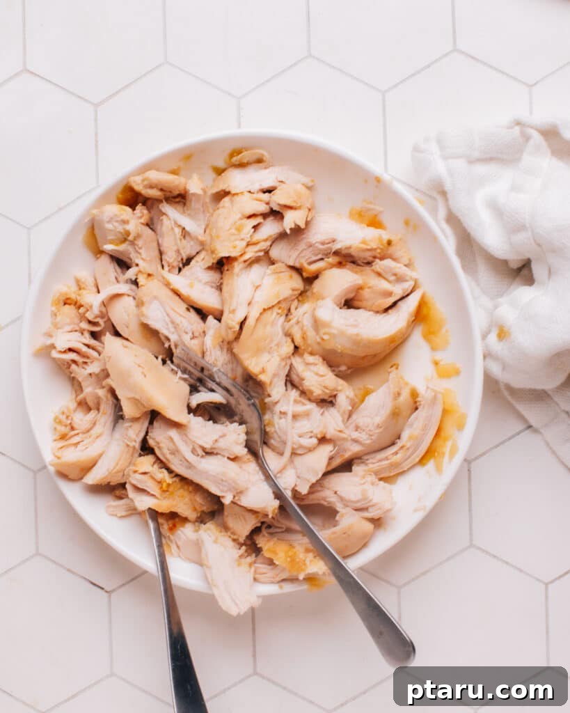 Guilt-Free White Chicken Chili 7 Close-up of perfectly shredded chicken breasts, ready to be added back into the creamy white chicken chili, highlighting their tender texture.