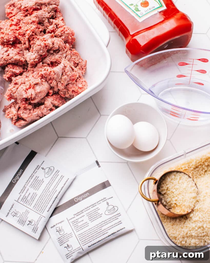 Lipton Onion Soup Meatloaf 3 Lipton Meatloaf Ingredients laid out on a kitchen counter.