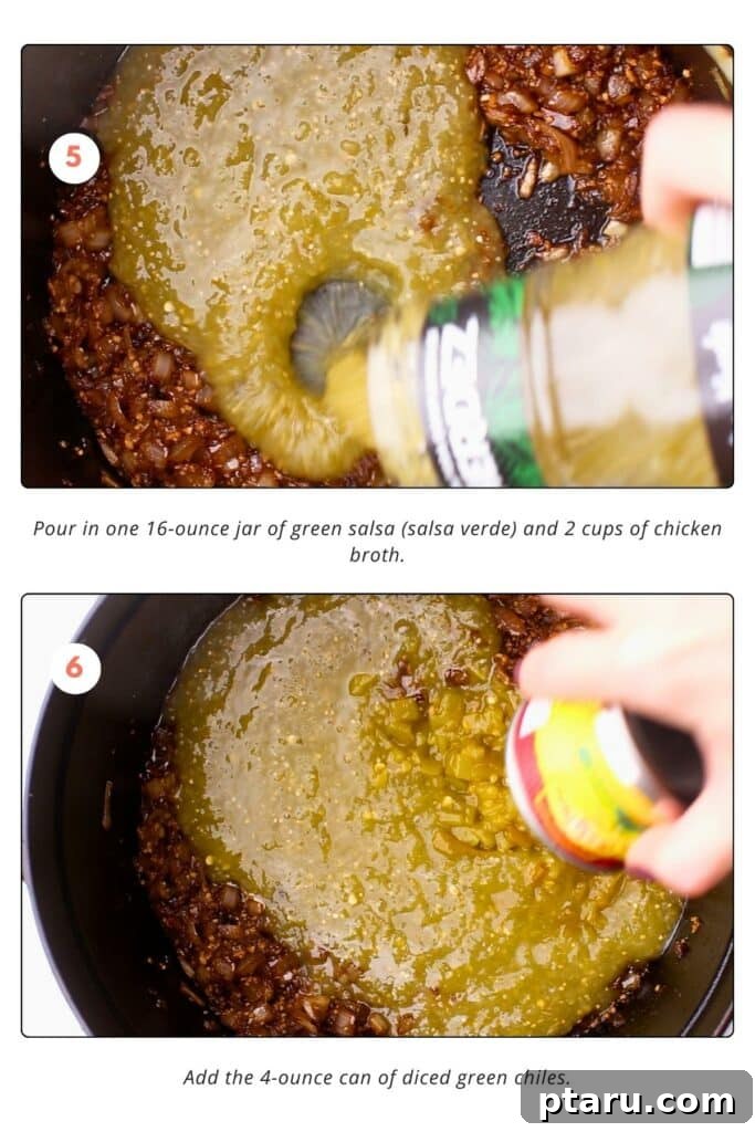 Award-Winning Pork Green Chili Recipe 7 Green salsa is poured into the skillet over the onion and spices mixture, followed by the addition of chicken broth. Diced green chiles are added to the skillet, mixing with the existing ingredients.