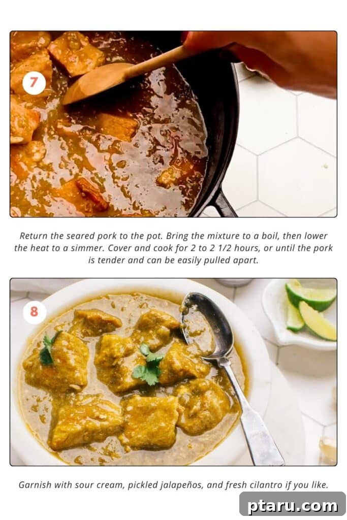 Award-Winning Pork Green Chili Recipe 8 The seared pork is returned to the skillet, and the mixture is brought to a boil, then simmered. The final Green Chile Verde dish is served in a bowl with lime wedges on the side.