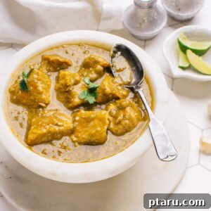 Chile verde in a bowl with a spoon, ready to serve.