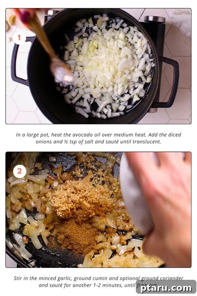 Effortless One-Pot Green Chicken Chili 4 Onions, garlic, and aromatic spices sautéing in avocado oil in a pot.