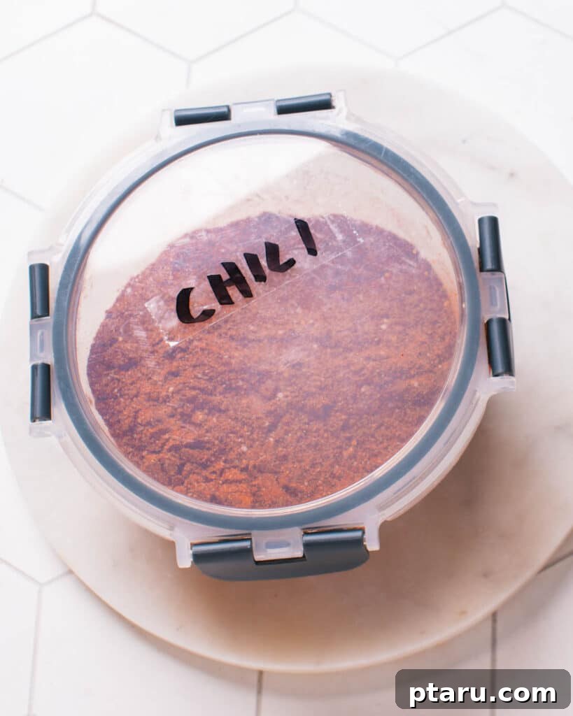 Homemade Chili Spice Blend 8 Homemade chili powder in a sealed container.