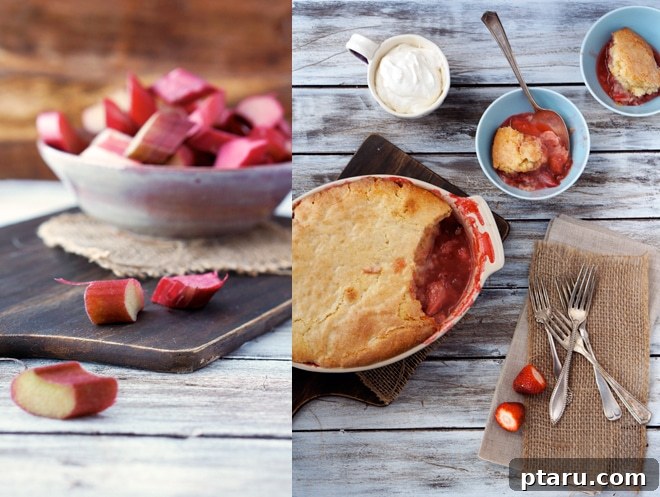Luscious Strawberry Rhubarb Pudding Cake 4 A slice of strawberry rhubarb pudding cake with a spoon, showing the fruit sauce underneath