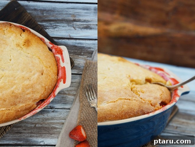 Luscious Strawberry Rhubarb Pudding Cake 5 Close-up of the strawberry rhubarb pudding cake, showcasing its moist texture and vibrant fruit