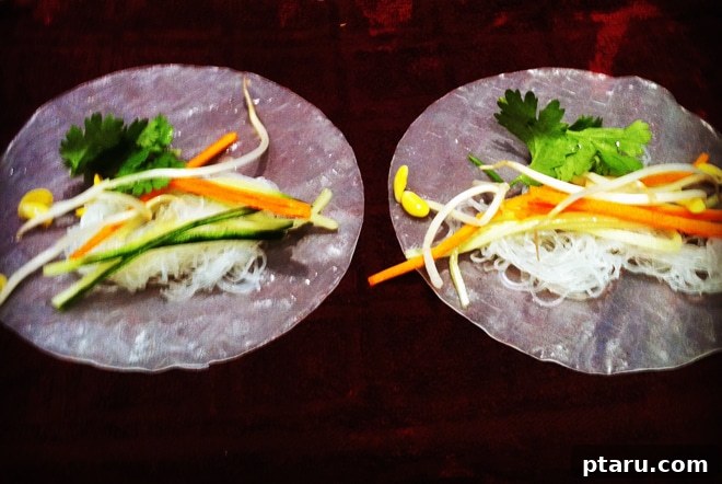 Vietnamese Summer Rolls with Creamy Peanut Dipping Sauce 3 A close-up of a beautifully rolled Vietnamese Salad Roll, showcasing the fresh ingredients inside.