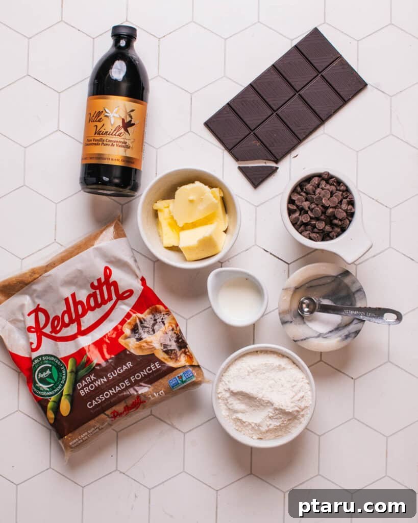Effortless Cookie Dough Bliss 4 A collection of the primary ingredients, including flour, butter, sugar, and chocolate chips, neatly arranged for making edible cookie dough bites.