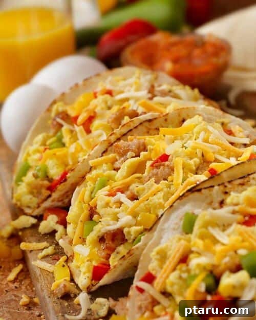 Rise and Shine: 23+ Sausage and Egg Breakfast Ideas 18 A close-up of a perfectly constructed Egg and Sausage Taco, garnished and ready to be enjoyed.