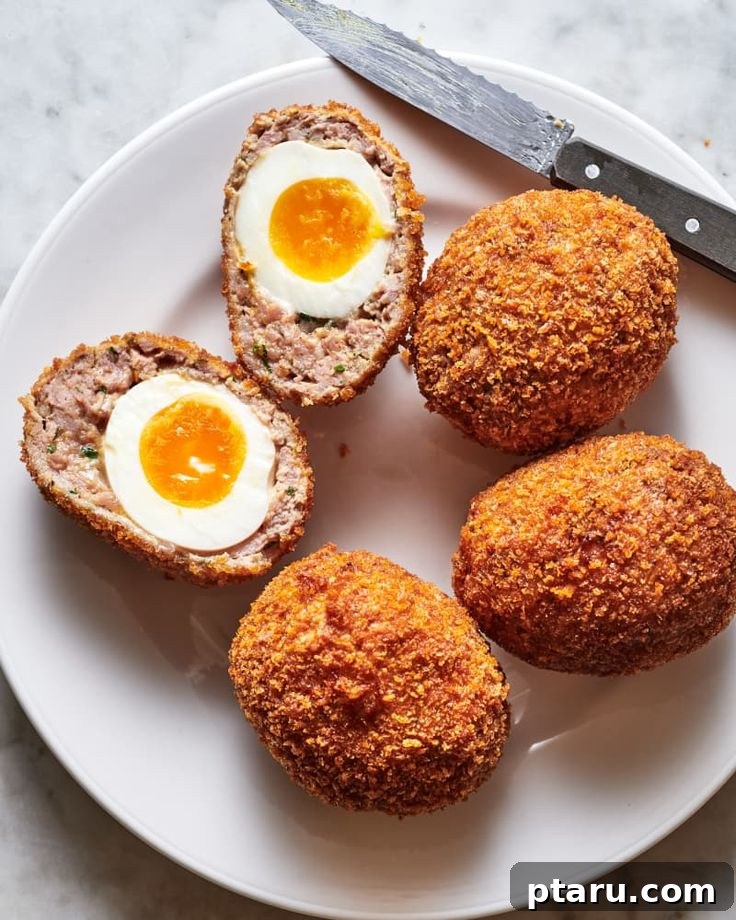 Rise and Shine: 23+ Sausage and Egg Breakfast Ideas 21 A classic Scotch Egg, featuring a perfectly boiled egg encased in savory sausage meat, breaded and fried to golden perfection.