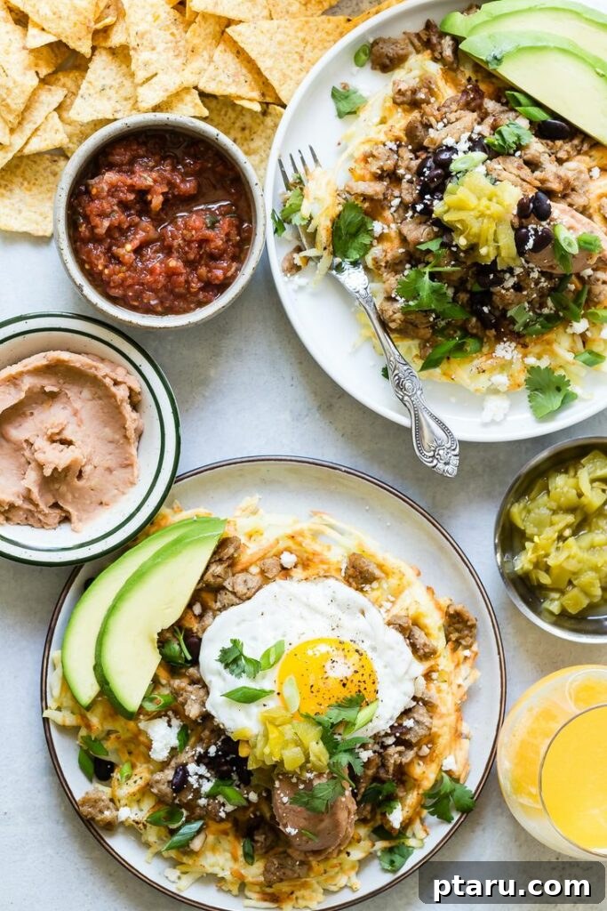 Rise and Shine: 23+ Sausage and Egg Breakfast Ideas 23 Crispy Waffle Iron Hash Browns topped with vibrant refried beans, green onions, cilantro, and creamy avocado slices.