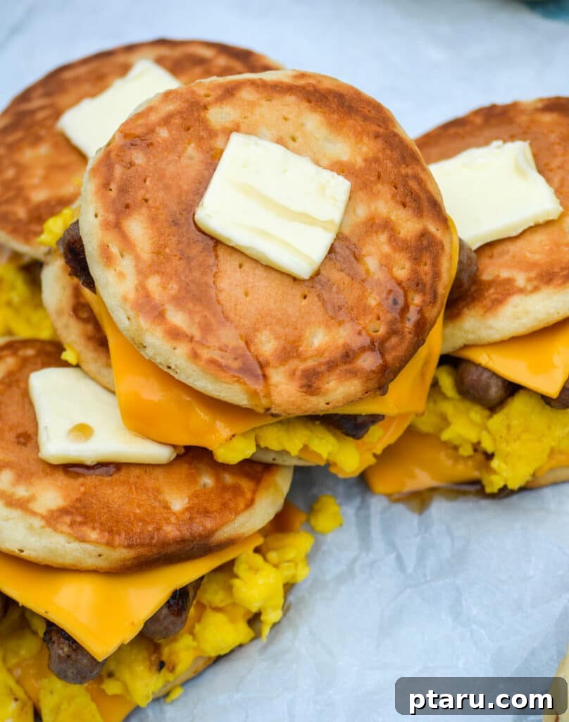 Rise and Shine: 23+ Sausage and Egg Breakfast Ideas 26 A stack of buttery Sausage Egg and Cheese Pancake Sandwiches, oozing with scrambled egg and melted cheese, ready to be devoured.