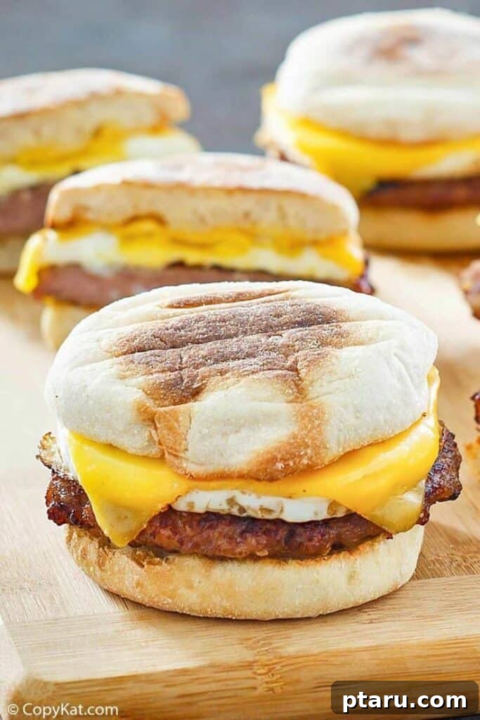 Rise and Shine: 23+ Sausage and Egg Breakfast Ideas 10 A homemade Copy Cat Egg McMuffin, showcasing perfectly assembled layers of egg, sausage, and cheese on an English muffin.