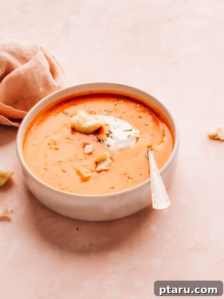 35+ Effortless Healthy Sides to Pair with Meatloaf 13 Homemade Tomato Soup in a bowl with cream and croutons