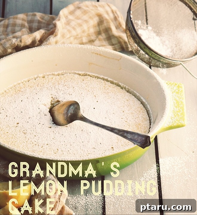 Golden Lemon Dream Cake 5 A freshly baked Lemon Pudding Cake, dusted with powdered sugar, ready to be served.
