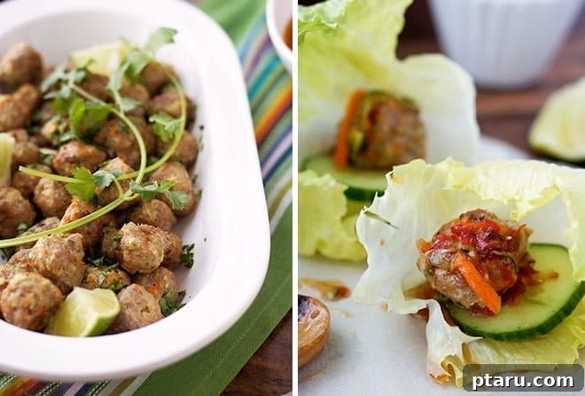Succulent Thai Pork Meatballs Paired with Sweet Chili 2 Delicious baked Thai pork meatballs on a serving platter