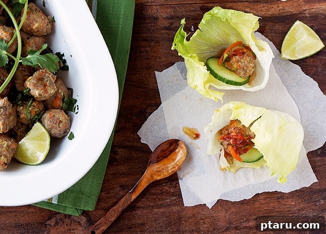 Succulent Thai Pork Meatballs Paired with Sweet Chili 5 Thai pork meatballs served in lettuce cups with sweet chili sauce