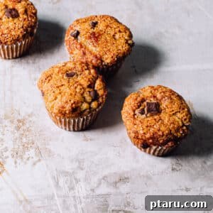 Golden Banana Bran Muffins 9 Four banana bran muffins with chocolate chips.