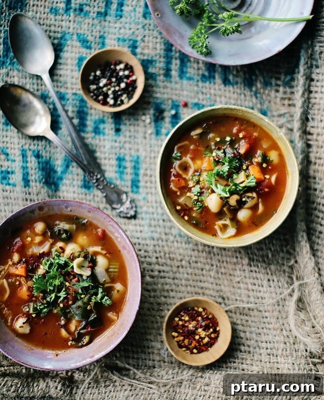 Hearty Rustic Chickpea Vegetable Stew 2 A vibrant bowl of rustic vegetable chickpea soup, garnished with fresh parsley and grated Parmesan cheese, served alongside a slice of dense multigrain bread.