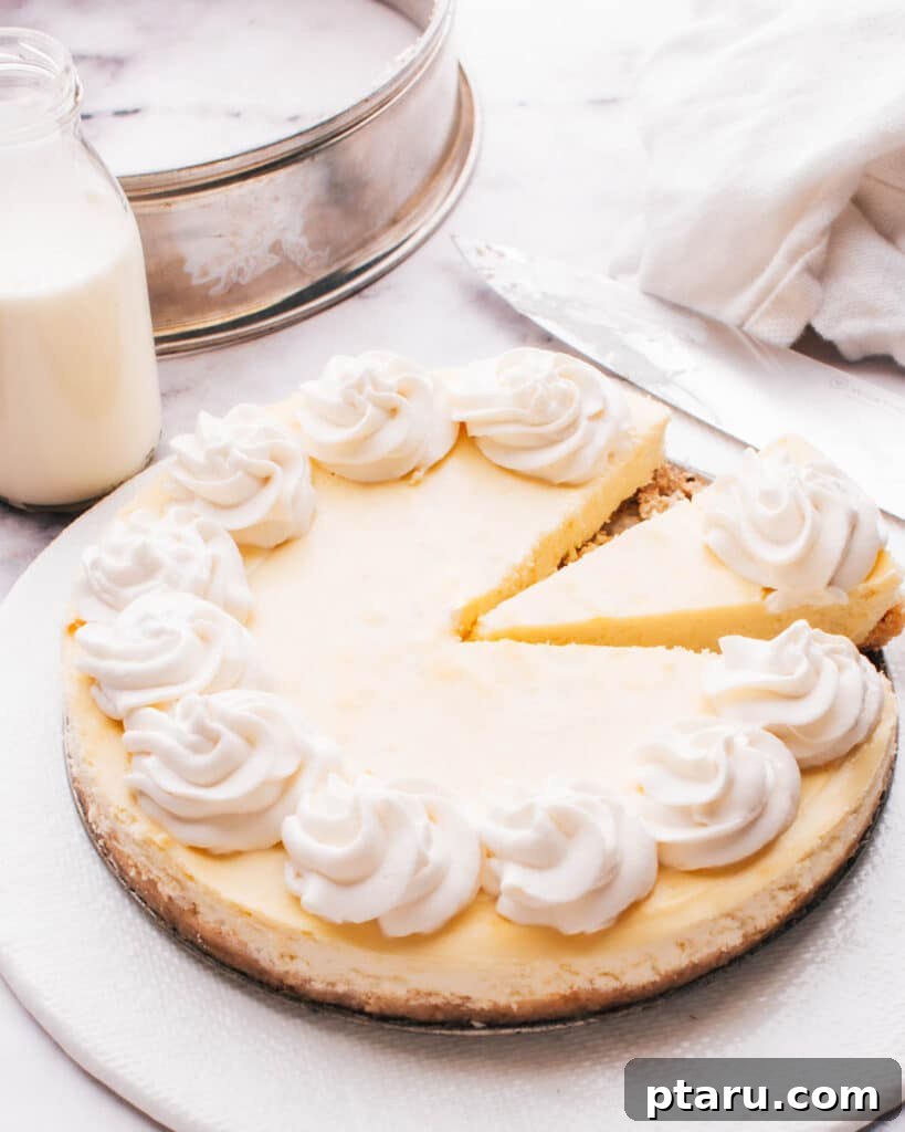The Ultimate Philadelphia Cheesecake Guide 11 A whole Philadelphia cheesecake with one slice removed, revealing its creamy texture