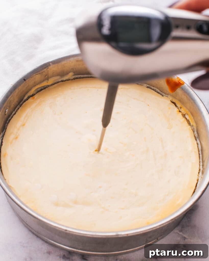 The Ultimate Philadelphia Cheesecake Guide 13 Chef checking the internal temperature of a baked cheesecake with a digital thermometer