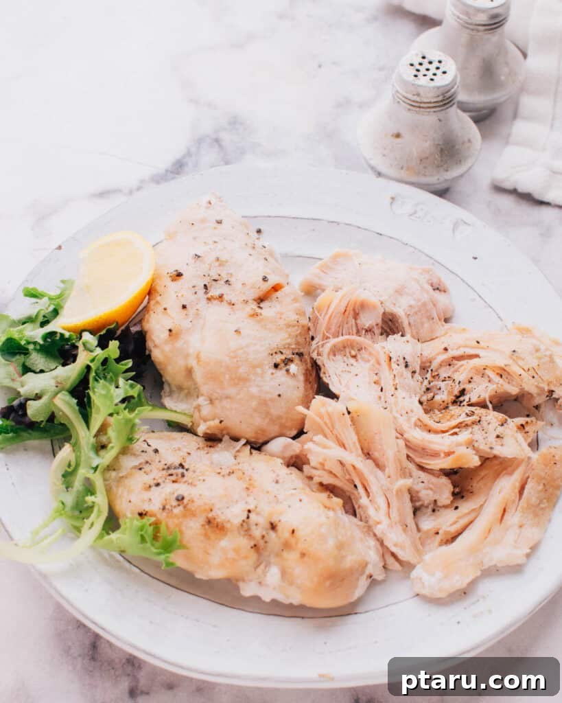 The Ultimate No-Thaw Instant Pot Chicken Recipe 4 Frozen Chicken Instant Pot Recipe ingredients and cooked chicken in the foreground.