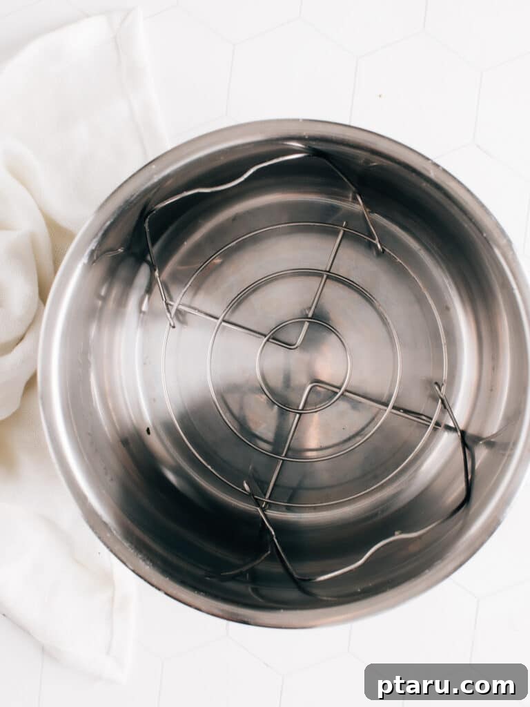 The Ultimate No-Thaw Instant Pot Chicken Recipe 5 An instant pot pressure cooker basket with water inside.