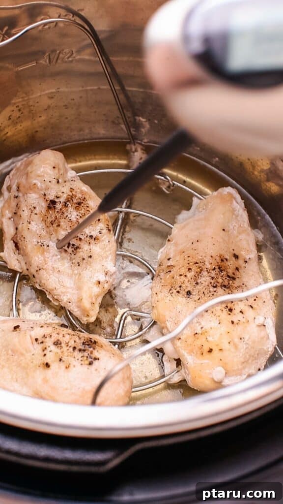 The Ultimate No-Thaw Instant Pot Chicken Recipe 7 Checking temperature of cooked chicken breast with a meat thermometer.