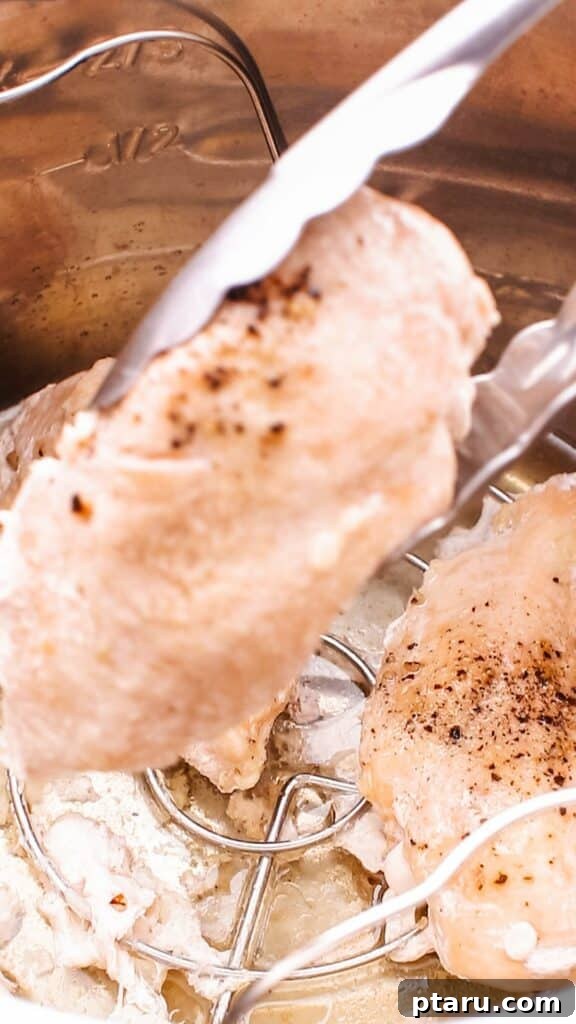 The Ultimate No-Thaw Instant Pot Chicken Recipe 8 Picking up cooked chicken breast with tongs from the Instant Pot.