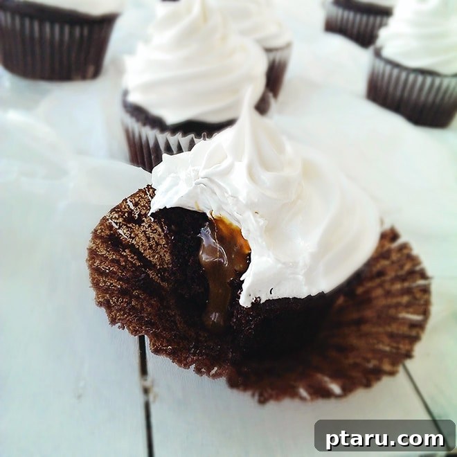 Caramel Cloud Cupcakes 4 A top-down view of a Caramallow cupcake, showcasing its elegant marshmallow frosting swirl.